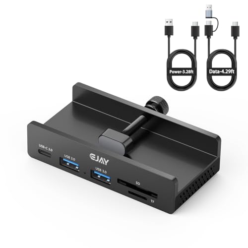 EJAY Clamp USB Hub 5-in-1 USB C Hub 59" Cable for iMac & PC | | Aluminum | Mountable Splitter | Desktop Edge Fixed Hub | Home Office Setup | Long Cable - color: Black
