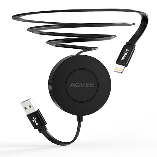 AGVEE 0.3ft Fixed / 3.3ft Extend Single-End Retractable Lightning Cable | Desk-Mounted, Pocket Size, 2.4A Fast Charger Cord for iPhone 14/13/12/11/XS/8/7/6/5, iPad, iPod, Cord Organizer - size: 0.3ft Fixed / 3.3ft Extend, style: A to Lightning