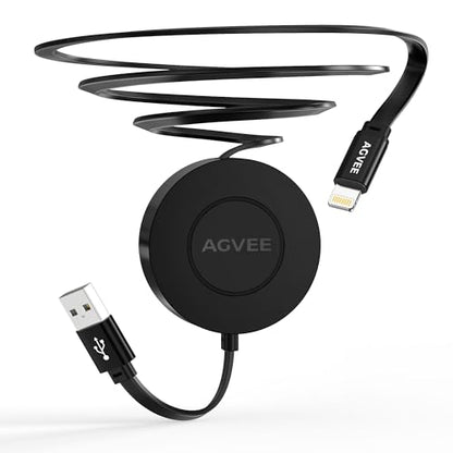 AGVEE 0.3ft Fixed / 3.3ft Extend Single-End Retractable Lightning Cable | Desk-Mounted, Pocket Size, 2.4A Fast Charger Cord for iPhone 14/13/12/11/XS/8/7/6/5, iPad, iPod, Cord Organizer - size: 0.3ft Fixed / 3.3ft Extend, style: A to Lightning