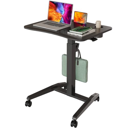 Gibbon Mounts 27" Mobile Rolling Standing Desk with Lockable Wheels, Black | Small Laptop Cart Height Adjustable with Cup Holder, Slot, Hook, Portable Pneumatic Teacher Rising Workstation for Classroom - color: Black