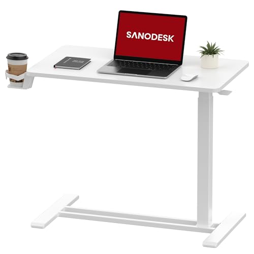 SANODESK Mobile Standing Desk with Hidden Wheels,Pneumatic Laptop Desk Rolling Computer Cart Movable Height Adjustable Small Sit Stand Desk for Home Office(31.5" W x 15.7" D,White) - color: White, size: 32x18