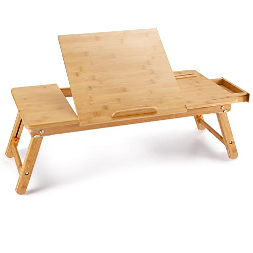 Laptop Desk Nnewvante Bamboo Lap Desk, Adjustable Bed Tray, Large Size | 7 Tilting Top Angles, 4 Heights, Drawer & Phone Slot, Foldable Serving Tray Breakfast Table 27.95" x 13.8" - color: Bamboo