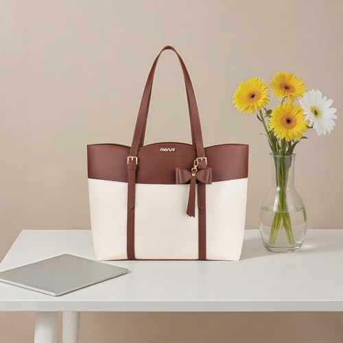MOSISO Laptop Tote Bag for Women, 15.6 inch PU Leather Large Tote Bag | Large Capacity Work Handbag with Bowknot&Arc-shaped Pocket,Waterproof Computer Bags Work Briefcase for Business Office, Brown