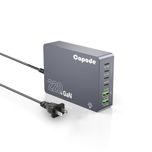 220W USB C Charger Block, 6-Port GaN USB C Charging Station PD 100W PC Laptop Fast Charger Adapter Compatible with iPhone 17, Galaxy 25, MacBook,ipad and More Devices(Gray)