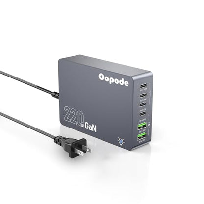 220W USB C Charger Block, 6-Port GaN USB C Charging Station PD 100W PC Laptop Fast Charger Adapter Compatible with iPhone 17, Galaxy 25, MacBook,ipad and More Devices(Gray)