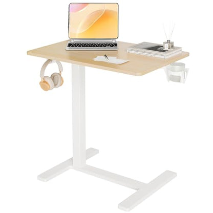 Claiks Mobile Standing Desk with Cup Holder Overbed Table 25.5" Natural | Cup Holder, Rolling Adjustable Desk, Hidden Wheels, Gas Spring Lift, Side Hook, Easy Assembly, Hospital Use - color: Natural