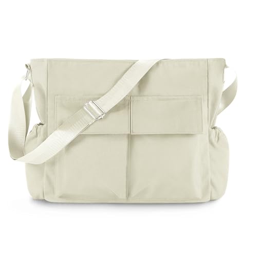 Canvas Messenger Bag Crossbody Shoulder Bag for Men Women Vintage Tote Laptop Bag Large Hobo Bag with Multiple Pockets - color: Off-white
