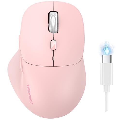 TECKNET Wireless Mouse Bluetooth 5.0/3.0 & 2.4G Rechargeable, Silent Clicks, Adjustable 4800 DPI, 6 Buttons, Ergonomic Design, Bluetooth Mouse for Laptop, Computer, ipad - Pink - color: Pink