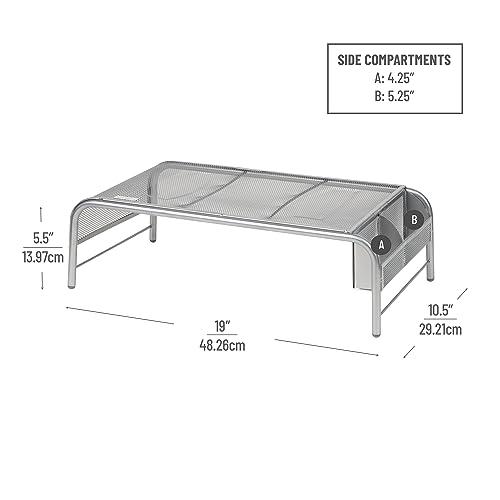 Mind Reader Monitor Stand, Ventilated Laptop Riser, Desktop Organizer, Side Storage, Metal Mesh, 20"L x 11.5"W x 5.5"H, Silver - color: Silver