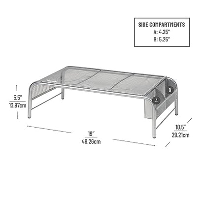 Mind Reader Monitor Stand, Ventilated Laptop Riser, Desktop Organizer, Side Storage, Metal Mesh, 20"L x 11.5"W x 5.5"H, Silver - color: Silver