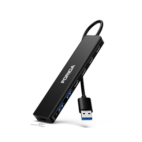 FORIDA Aluminum Alloy 7-Port USB Hub, Portable Multiport USB Splitter Adapter with 4 USB-C 3.0, 2 USB 2.0, 5V Type-C Port, Fast USB Extender Compatible with Laptop, PC, Desktop Computer(Black)