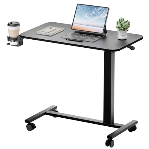 GTPLAYER Small Standing Desk with Lockable Wheels, Pneumatic Mobile Rolling Laptop Desk,Adjustable Height Overbed Bedside Table Computer Workstation for Home Office (32" W x 18" D, Black) - color: Black-lockable, size: Large