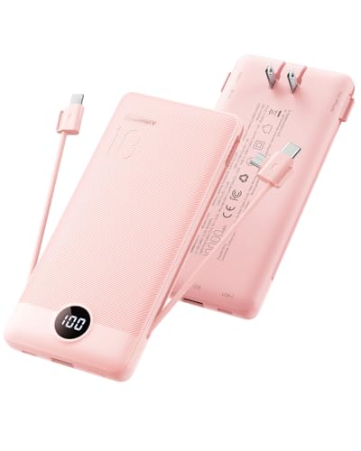Portable Charger Built-in Cables and Wall Plug, 10000mAh Slim USB C Power Bank, LED Display External Battery Pack Compatible with iPhone/Android & More (Pink) - color: Pink