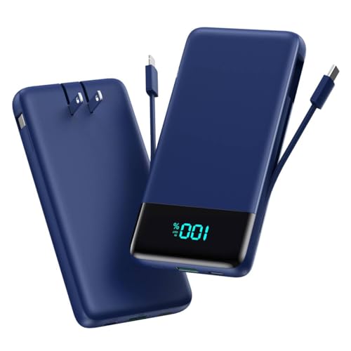 Portable Charger for iPhone,13800mAh Slim Power Bank with Built-in Cables & AC Wall Plug,All in One 4 Outputs USB C Fast Charging Battery Pack Travel Essential for iPhone 17/16/15/14,Android (Blue) - color: Blue, size: 13800mAh