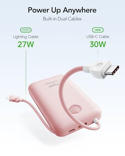 VIYISI Power Bank 20000mAh 30W Fast Charging Portable Charger with Built-in Cables & LED Display, USB C Battery Pack for iPhone 17/16/15/14, Samsung, iPad and Android Phones, Ideal for Travel-Pink - color: Pink