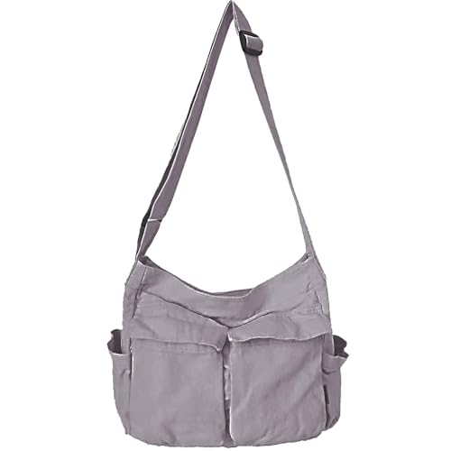 Canvas Messenger Bag Large Hobo Crossbody Bag with Multiple Pockets Casual Shoulder Tote Bag for Women and Men - color: Grey