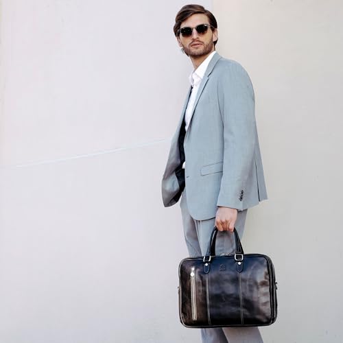 Time Resistance Leather Laptop Briefcase - Full Grain Leather Computer Bag for Men and Women | Leather - color: Black