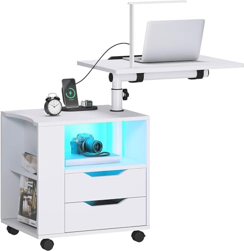 sogesfurniture LED Nightstand with USB & Type-C Ports – Swivel Top Bedside Table with Adjustable Height, 2 Drawers & Open Shelf, Built-in Lights & Wheels for Easy Mobility - color: White-upgrade