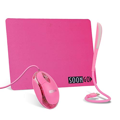 SOON GO Pink Mouse and Pad USB LED Light 3 in 1 Gift Comb Kids Mouse for Laptop Home Office Travel - color: Light pink