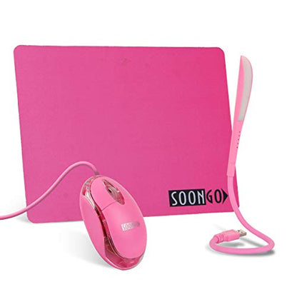SOON GO Pink Mouse and Pad USB LED Light 3 in 1 Gift Comb Kids Mouse for Laptop Home Office Travel - color: Light pink