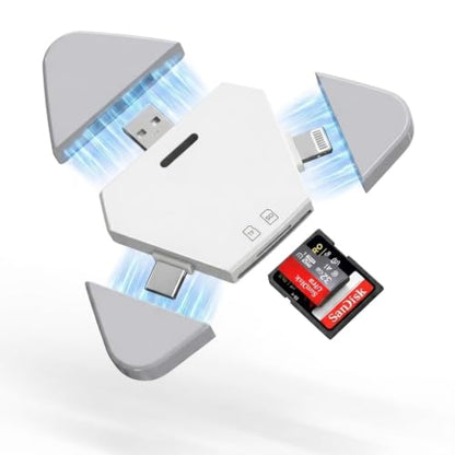 Magnetic SD/microSD Card Reader for iPhone/iPad, USB C/Lightning/USB-A | Compatible with iPhone 15/16/17; plug and play with no app, USB 3.0 speeds up to 120MB/s, ideal camera accessory - color: gray-white