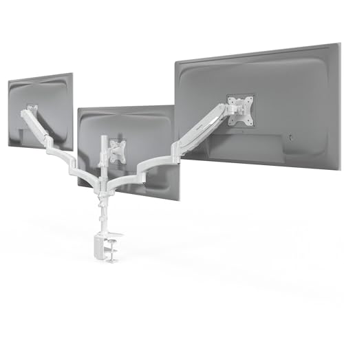 Mount-It! Triple Monitor Stand for Desk, 13-32", White | 3-arm gas spring height adjustment holds up to 17.6 lbs per screen, VESA 75x75 & 100x100, clamp-on desk install. - color: White, size: 32"