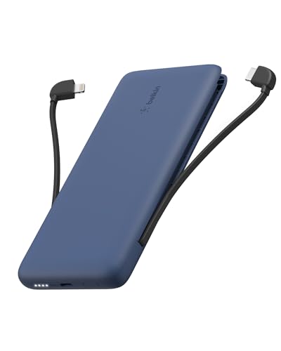 Belkin Portable Charger Power Bank for iPhone/Android (10,000mAh), 23W Battery Pack with Integrated USB-C, Lightning Cables, Pass-Through Capability, Charge 2 Devices at Once, Phone Charger Power Bank - color: Blue