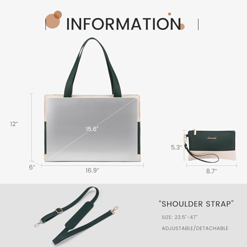 LOVEVOOK Laptop Tote for Women - 15.6 Inch Professional Leather Computer Briefcase with Waterproof Handbag Shoulder Bag Large Capacity Business Teacher Office Crossbody Purse - color: Dark Green/Beige-1, size: 15.6 Inch