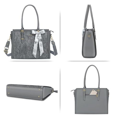 MOSISO Laptop Bag for Women, 17-17.3 inch PU Leather Tote Bag | Compatible with MacBook, HP,Dell, Front Embossed Retro Hibiscus Computer Bags with Silk Scarf&Clutch Purse, Gray - color: Gray, size: 17.3 inch