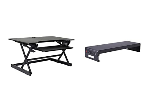 Rocelco 40" Large Height Adjustable Standing Desk Converter with Dual Monitor Stand Bundle - Quick Sit Stand Up Computer Workstation Riser - Retractable Keyboard Tray - Black (R DADRB-40-DMS) - color: Black, size: 40", style: Riser+Monitor Stand