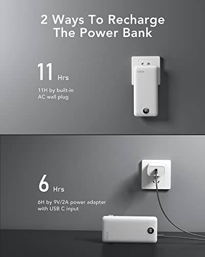 VRURC Power Bank 20000mAh, Fast Charging Portable Charger USB C,4 Output 2 Input Travel Essentials Charging Bank Equipped with LED Display,Built-in Wall Plug and Cables,Phone Charger Battery,White - color: White