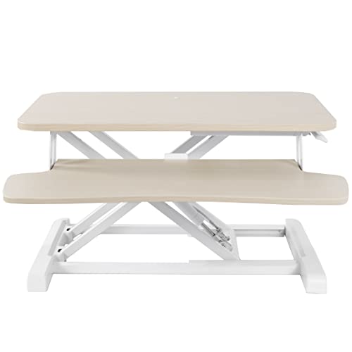VIVO 26 inch Desk Converter, K Series, Height Adjustable Sit to Stand Riser, Dual Monitor and Laptop Workstation with Keyboard Tray, Light Wood Top, White Frame, DESK-V026KF | Height Adjustable, Stand Up Desk Riser, Wide Keyboard Tray, Dual Monitor and La