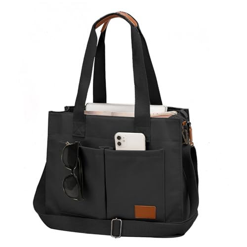Canvas Laptop Tote Bag for Women | 15.6" Laptop Compartment - color: Black