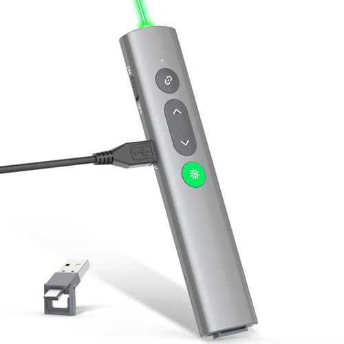 Presentation Clickers for PowerPoint Presentations, [Aluminum Alloy] + [2 in 1 USB C/A] PowerPoint Clicker with Laser Pointer Wireless Presenter PPT Slide Remote Control Clicker for Mac, Computer - style: Green Light