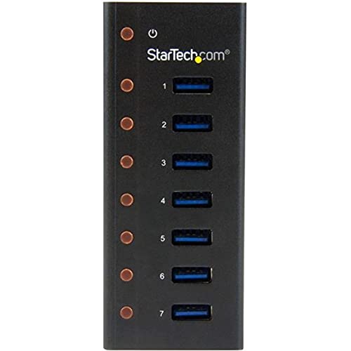 StarTech.com 7 Port USB 3.0 Hub (5 Gbps) - Metal Enclosure - Desktop or Wall Mountable - Rugged & industrial Powered USB Expander and Splitter Hub (ST7300U3M) | USB 3.0, Rugged metal enclosure, Desktop or wall-mount bracket, Upright ports for oversized co
