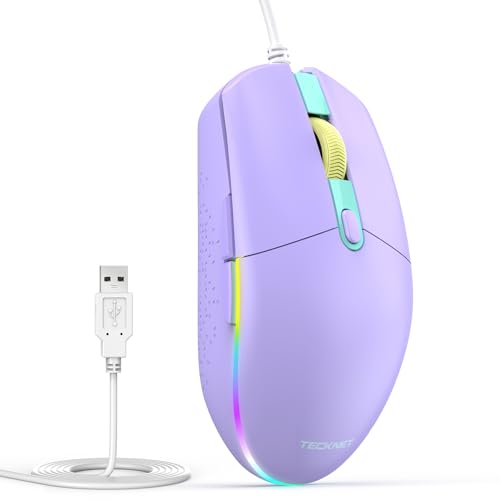 TECKNET Wired Mouse - USB Corded Mouse with RGB Backlit Full Size Optical Silent Mouse with Side Buttons,LED Plug and Play Wired Connection Office Mice for Desktop,PC,Laptop - color: Light Purple