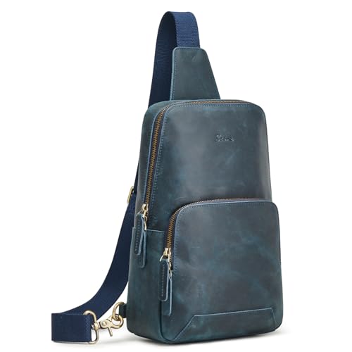 S-ZONE Sling Bag for Men Women RFID Blocking Genuine Leather Crossbody | Top Grain Leather, Vintage Chest Bag, Hiking Daypack Travel Outing Shopping, Anti-theft, Multi Pockets - color: Blue