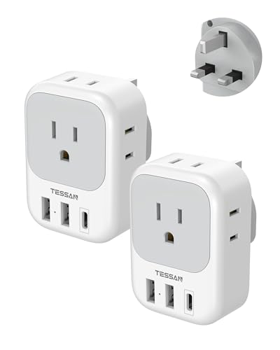 TESSAN UK Adapters for Travel, Type G Adaptor, 2 Pack | 4 Outlets 3 USB (1 USB C PD 20W), USA to Ireland Scotland Dubai Hong Kong England British Kenya London - color: White grey-Type G