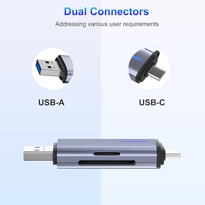 USB 3.0 SD Card Reader, 5Gbps 2-in-1 Type-C & USB-A Dual Slot Memory Card Reader, Simultaneous SD/Micro SD Read & Write, Compatible with iPhone 16/15, MacBook, iPad, Android, PC, Laptop, Camera