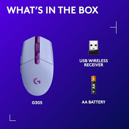 Logitech G305 Lightspeed Wireless Gaming Mouse, Hero Sensor, 12,000 DPI, Lightweight, 6 Programmable Buttons, 250h Battery, On-Board Memory, Compatible with PC, Mac - Lilac - color: Lilac, style: Classic