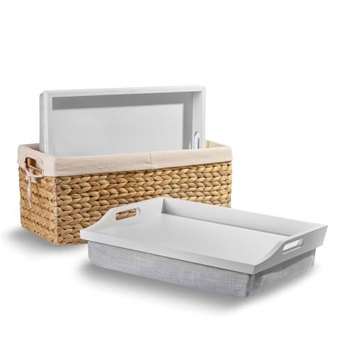 ROSSIE HOME Wood Bed Tray Lap Desk - Set of Two - with Hyacinth Storage Basket - Soft White - Fits up to 15.6 Inch Laptops - Style No. 70101 - color: Soft White, style: 2-Pack with Basket