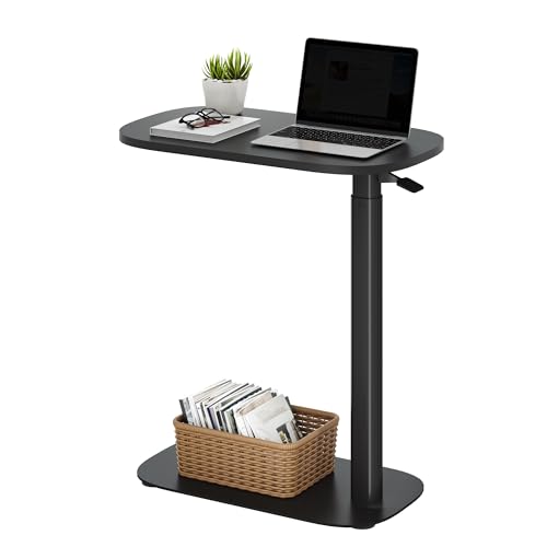 SANODESK 24''Pneumatic Adjustable Overbed Bedside Table with Hidden Casters | Medical Mobile Side End Table Laptop Computer Standing Desk Cart with Tray, Hospital and Home Use(23.6" W x 13.8" D,Black) - color: Black, size: Xsmall
