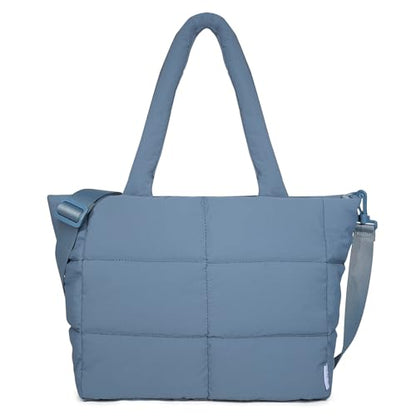 NOL Large Puffy Quilted Tote Bag for Women, Lightweight with Removable Strap & Zippered Compartments for Travel & Work - color: Dusty Blue