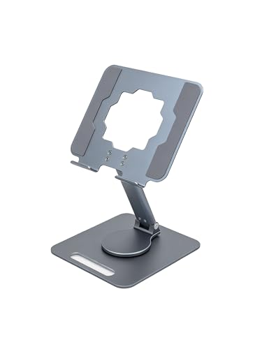Full Metal Tablet Stand for Desk, 360° Swivel Height Adjustable | 8.7" sit-stand height, aluminum carbon steel, anti-slip silicone pads, hollow cooling, foldable, fits 4.7-13" iPad & tablets - color: Gray-green