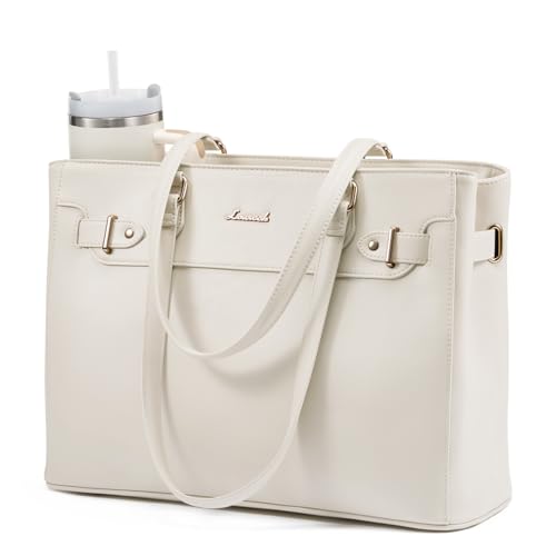 LOVEVOOK Laptop Tote Bag for Women Work, Teacher Tote Bag with Large Cup Holder, Waterproof Leather Computer Bag - color: Beige, size: 15.6 inch