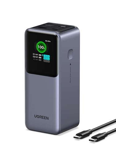 UGREEN Nexode Power Bank 20000mAh 130W Portable Charger 72Wh PD Fast Charging 3-Port USB C Battery Pack with TFT Smart Display for MacBook/iPad/iPhone 17/16/Samsung S26 and More