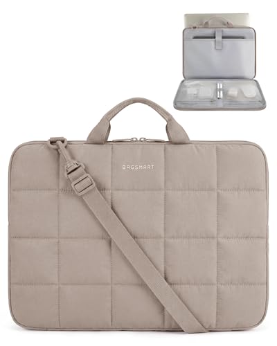 BAGSMART Laptop Case with Handle, Puffy Laptop Sleeve Bag for Women | MacBook Case with Shoulder Strap for Dell, HP, Lenovo, MacBook Air/Pro, 15-15.6 inch Brown - color: Brown-shoulder Strap, size: 15-16 inch