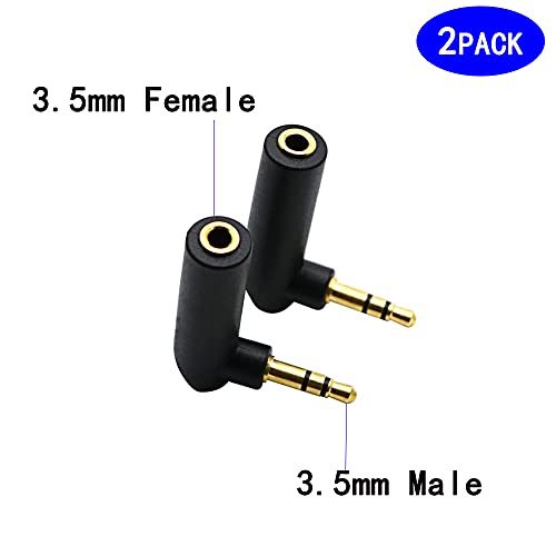 3.5mm Angle Male to Female Audio Adapter, 90 Degree Right Angle Gold-Plated TRS Stereo Jack Plug AUX Connector Compatible with Headset, Tablets, MP3 Players, Speakers(2 Pack)