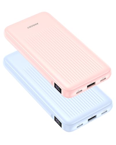 2-Pack 10000mAh Power Bank Fast Charging, 22.5W Compact USB C Portable Charger with 2 Outputs & 2 Inputs, LED Display Battery Pack Compatible with iPhone Samsung iPad Tablets, Blue & Pink - color: Blue & Pink
