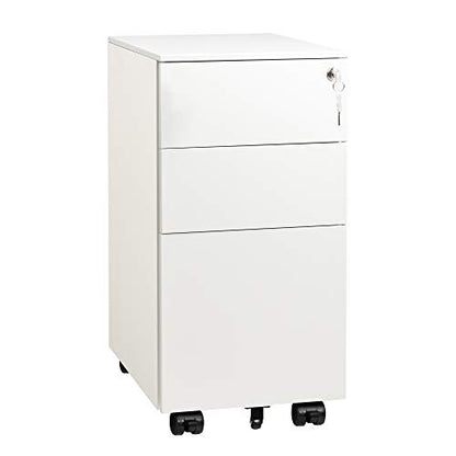 DEVAISE Slim File Cabinet with Lock, 3 Drawer Mobile Filing Cabinet for Legal/Letter/A4 Size, Fully Assembled Except Wheels, White - color: White, size: 17"D x 12"W x 24"H
